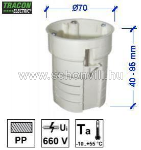 TRACON UDT60 műanyag szerelvénydoboz Ø70, univerzális, 40-85mm mélység állítással, fehér 1.