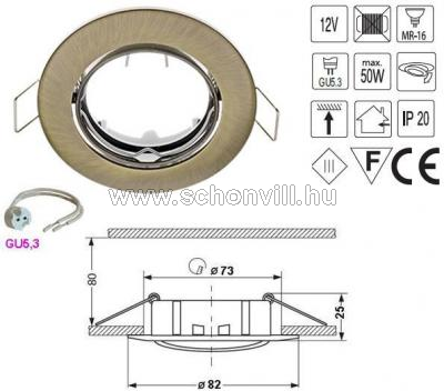 SA-90 antik sárgaréz beépíthető bill. lámpatest hidegtükrös fényforráshoz, GU5.3 foglalattal 1.
