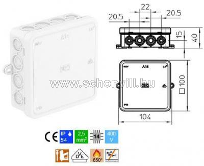 OBO A14 HF RW kábel-leágazódoboz, IP54 tiszta-fehér 100x100x40mm 1.