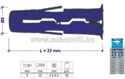 UNO-08 Ø8x32mm univerzális (minden anyaghoz alkalmas) kék színű műa. tipli 80db/csom. R-U1-BLU-80-C 1.