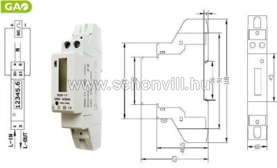 GAO 5256H fogyasztásmérő 1-fázisú, DIN-sínre, digitális 230V , 5(50)A, 1000imp./KWh 1.