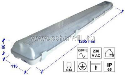 TRACON TLFVLED212 Védett lámpatest LED csövekhez, egyoldalas betáp 230V, 50Hz, G13, 1200mm, IP65 1.