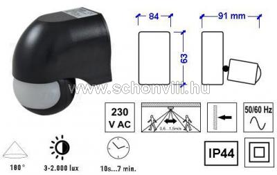 TRACON TMB-112F Mozgásérzékelő infra falra fekete 230 VAC 180° max.12 m 10s 7min 3-2000lux IP44 1.