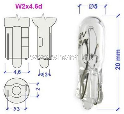 CARLAMP 76101 W1,2W üvegfejű T05 jármű fényforrás 12V 1,2W W2x4,6d Ø5x20mm 1.