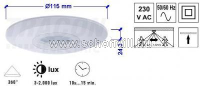 TRACON TMB-011L Mozgásérzékelő, mennyezetre, lapos, fehér max. 1500w IP20 360° 3-2000lux 1.