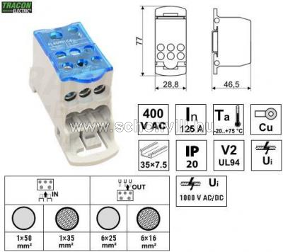 TRACON FLSO50 Fővezetéki leágazó sorkapocs 1×50(35)mm2 / 6×25(16)mm2, 1000VAC/DC, 125A 1.