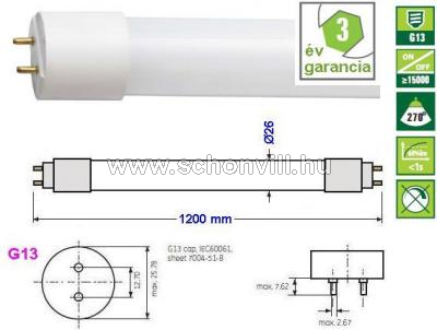 SPECTRUM 22303 LED-fénycső 18W, L=1200mm, 2700-3200°K meleg fehér, G13 1650lm 26000h 1.