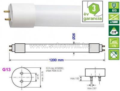 SPECTRUM 22304 LED-fénycső 18W, L=1200mm, 3600-4800°K természetes fehér, G13 1800lm 26000h 1.