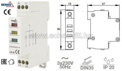 BEMKO A15-L9-3F Jelzőlámpa DIN sínre 3x230/400V+N 2,8mA IP20 piros/sárga/zöld 1.