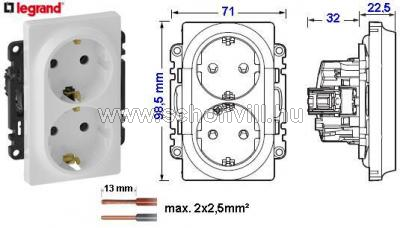 LEGRAND 753127 Valena Life 2x2P+F csatlakozóaljzat, 16A rugós, fehér, gyermekvédelem nélkül 1.