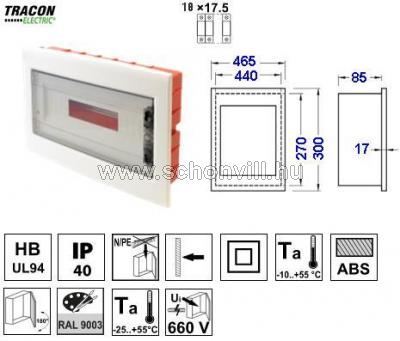 TRACON EDSS-18/1 Süllyesztett elosztódoboz, füstszínű-sík ajtóval 1×18 modul, IP40 1.