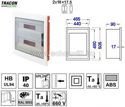 TRACON EDSS-18/2 Süllyesztett elosztódoboz, füstszínű-sík ajtóval 2×18=36 modul, IP40 1.