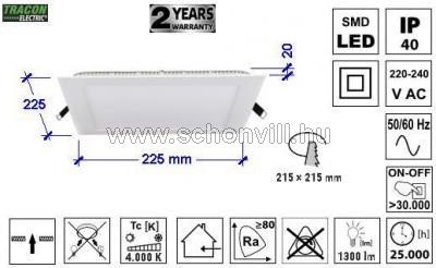 TRACON LED-DLN-18NW Négyzet alakú sülly. LED panel 240VAC 18W 1300lm 225x225mm 4000K IP40 EEI=A 1.