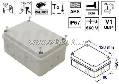 TRACON MED8125 Elektronikai doboz, világos szürke, teli fedéllel 80×120×50, IP54 1.