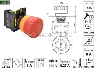 TRACON NYG3-ETR Vészgomb, reteszelt, piros 1×NC, 5A/230V AC-15, IP40 1.