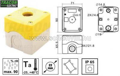 TRACON NYGD-1YE Összeállított tokozat nyomógombokhoz, sárga, 1-es d=22,5, IP65, 2×PG-13,5 1.