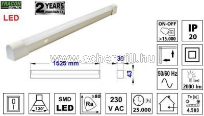 TRACON TLLED24W LED T8 bútorvilágító 230V 50Hz 24W 2000lm 4500K L=1525mm EEI=A+ 1.