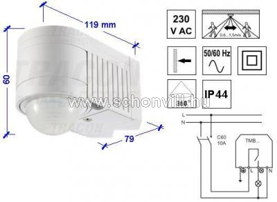TRACON TMB-118 Mozgásérzékelő fali, sarokelemmel fehér 230V 360° 1-12m, 10s-15min 3-2000lux IP44 1.