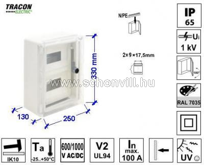 TRACON TME332513T műanyag elosztószekrény átlátszó ajtóval 330×250×130mm IP65 IK08 1000V AC/DC 1.