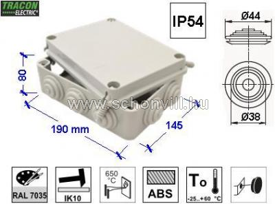TRACON TQBY19148 Kötődoboz, falon kívüli, műanyag csavarral 190×145×80,IP65 1.