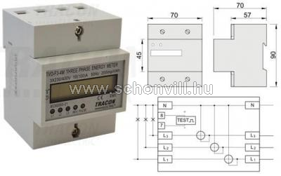 TRACON TVO-F3-4M LCD kijelzésű fogyasztásmérő, közvetlen,3 fázisú,4 modul 400V / 10 (100) A Pd=3W 1.