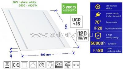 ALGINE LINE LED 230V 44W IP20 600x600mm NW natúr fehér 4000°K LED panel, alu. 230V 5280lm 5Y UGR<16 1.