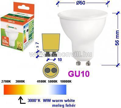 SPECTRUM 14048 LED-es fényforrás 230V 8W GU10 WW (meleg fehér) 630lm 17000h Ø50x56mm 1.