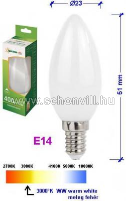 SPECTRUM 14069 COG LED-es opál búrás gyertya formájú izzó, 230V 4W 400lm E14 WW meleg fehér 3000°K 1.