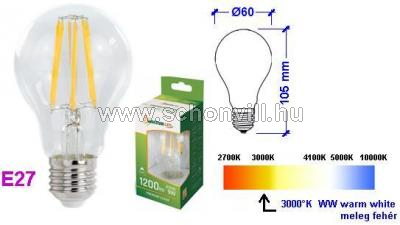 SPECTRUM 14075 COG LED-es izzószálas normál formájú izzó, 230V 9W E27 1200lm WW meleg fehér 3000°K 1.