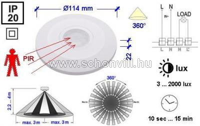 STARLUX ST05C mennyezeti mozgásérzékelő 360° IP20 2000-1000W 3-2000lux 10sec-15min 6m 1.