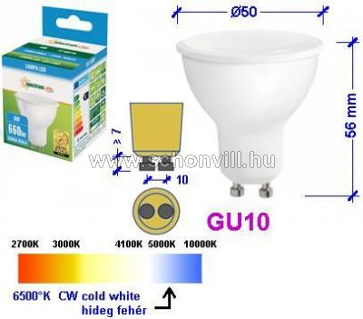 SPECTRUM 14049 LED-es fényforrás 230V 8W GU10 CW (hideg fehér) 660lm 17000h Ø50x56mm 1.
