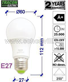 TRACON LA607NW Gömb burájú LED fényforrás 230 V, 50 Hz, 7 W, 4000 K, E27, 500 lm, 250°, A60, EEI=A+ 1.