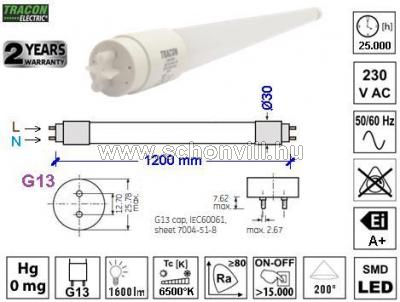 TRACON LT8G12018CW LED-fénycső opál üveg burás 230V 50Hz G13 18W 1600lm 6500K 200° EEI=A+ 1.