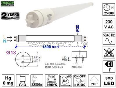 TRACON LT8G15022CW Üveg LED világító cső opálbúrás 230V 50Hz G13 22W 1900lm CW=6500°K 200° EI=F 1.