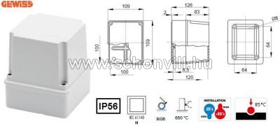 GEWISS GW44214 Műanyag doboz fedéllel, simafalú, 109x109x126mm IP56 1.