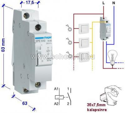 HAGER EPE510 Impulzus relé 230VAC 1z érintkező 16A 1modul EPN510 1.