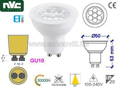 NVC LED GU10I 6W 3000K 38° fényforrás 230V 6W GU10 WW (meleg fehér) 580lm 30000h Ø50x53mm 1.