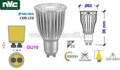 NVC LED GU10A 10W 3000K 50° fényforrás 230V 10W GU10 WW (meleg fehér) 600lm 30000h Ø50x95mm 1.