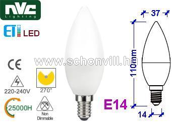 NVC LED CLE 5W 4000K gyertya fényforrás 230V 5W E14 NW natúr fehér 370lm 25000h Ø37x110mm 1.