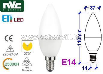 NVC LED CLE 5W 3000K FR opál gyertya fényforrás 230V 5W E14 WW meleg fehér 370lm 25000h Ø37x110mm 1.