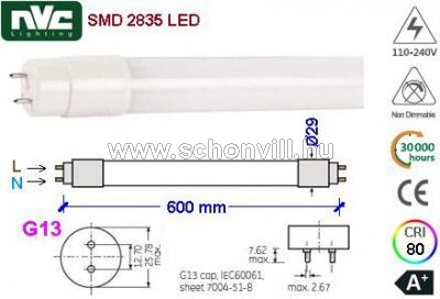 NVC LED T8M06-HL 9W 4000K LED-es fénycső 230V 9W NW (natur fehér) 1260lm 40000h Ø600x29mm 1.