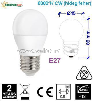 SPECTRUM 14219 LED-es kisgömb B45 fényforrás 230V 8W 680lm E27 CW - hideg fehér 17000h Ø45x86mm 1.