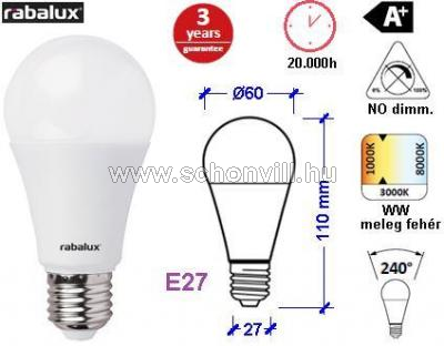 RÁBALUX 1618 LED normál E27 230V 12W 1050lm 3000K Ø60x110mm HKD-val 1.