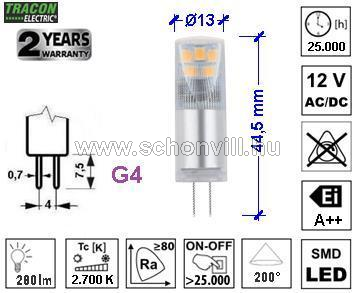 TRACON LG4H2,4W LED G4 fényforrás alumínium házzal 2,4W 2700K 250 lumen 1.