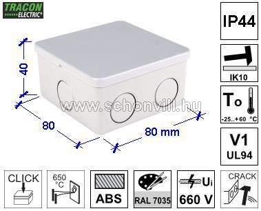 TRACON MED884 Elektronikai doboz, világos szürke, teli fedéllel 80×80×40, IP54 1.