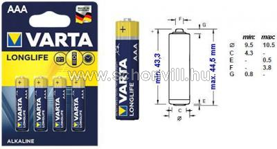 VARTA LONGLIFE 4103 AAA LR03 mikro 1,5V-os alkáli elem 4db/bliszter 1.