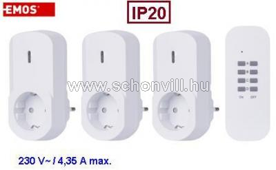 EMOS P0069 távírányítású aljzat IP20 SCHUKO 230V~ 4,35A 3xaljzat+1xtávirányító IP20 fehér 1.