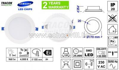 TRACON LED-DLS-12NW Beépíthető LED álm. mélysugárzó fehér 100-240V AC 18W 1440lm Ø225mm 4000°K IP20 1.