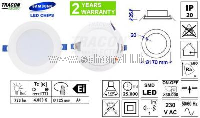 TRACON LED-DLS-9NW Beépíthető LED álm. mélysugárzó fehér 100-240V AC 9W 720lm Ø150mm 4000°K IP20 1.