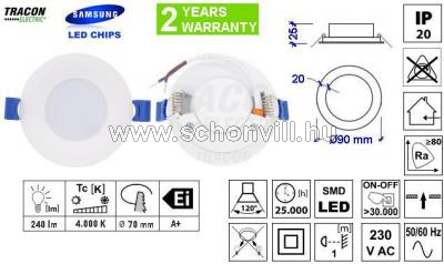 TRACON LED-DLS-3NW Beépíthető LED álmenny. mélysugárzó fehér 100-240V AC 3W 240lm Ø90mm 4000°K IP20 1.